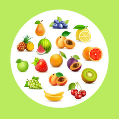 Fruit set, Vector background with fruits in circle on green backdrop