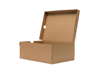 Brown cardboard shoes box with lid for shoe or sneaker product packaging mockup, isolated on white with clipping path.