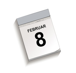 Kalender Februar 8, Abreißkalender mit Datum, Vektor Illustration isoliert auf weißem Hintergrund