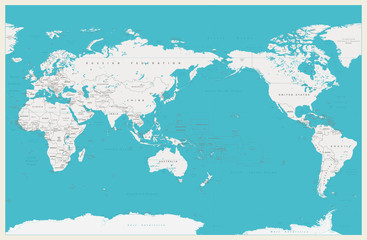 World Map Pacific Centered. Old colors, borders, countries and cities