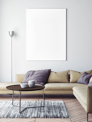 Mock up poster in Scandinavian living room background, 3d render, 3d illustration