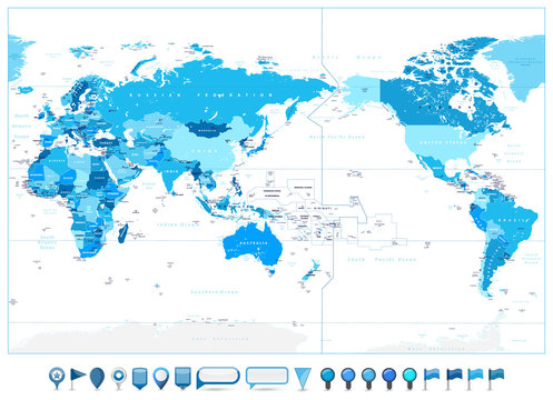 Pacific Centered World Map In Colors of Blue and glossy map icons