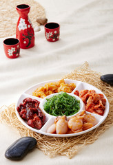 Delicious Japanese food, small platter of cold dishes