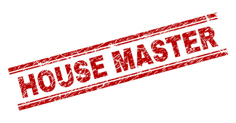 HOUSE MASTER seal print with corroded texture. Red vector rubber print of HOUSE MASTER text with dust texture. Text tag is placed between double parallel lines.