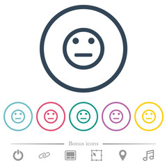Neutral emoticon flat color icons in round outlines