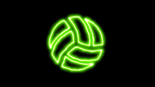 The appearance of the green neon symbol volleyball ball. Flicker, In - Out. Alpha channel Premultiplied - Matted with color black
