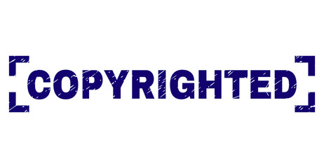 COPYRIGHTED tag seal print with grunge texture. Text tag is placed between corners. Blue vector rubber print of COPYRIGHTED with dust texture.