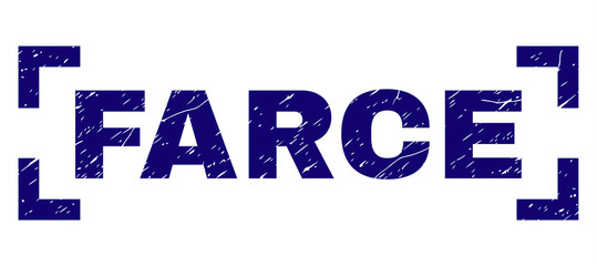FARCE caption seal imprint with grunge texture. Text caption is placed inside corners. Blue vector rubber print of FARCE with dust texture.