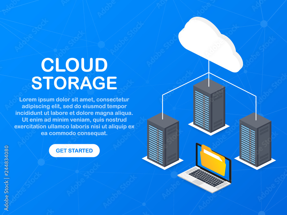 Poster Data protection cloud storage design flat concept. Online storage sign symbol icon. Storage and cloud, cloud computing. Vector illustration.