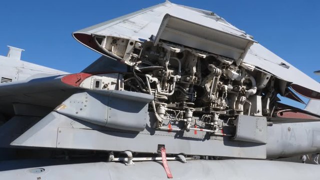 Tilt down to mechanical system of folding wing of EA-6B Electronic Warfare Prowler aircraft.