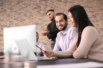 Office employees having meeting in conference room. Finance trading