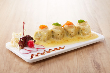 Japanese cuisine,Sushi roll with salmon and shrimp tempura
