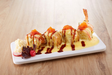 Japanese cuisine,Sushi roll with salmon and shrimp tempura
