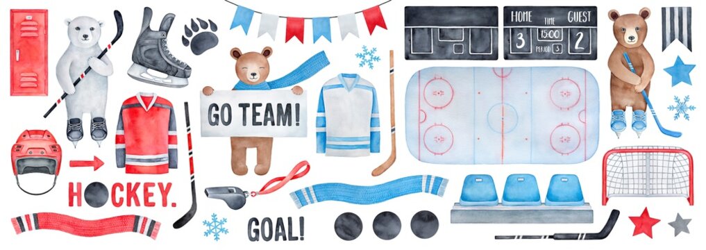 Big Ice Hockey Set with brown and polar bear characters, various thematic symbols, cheering fan signs and celebration bunting. Watercolour painting, cutout clip art elements for prints and decoration.