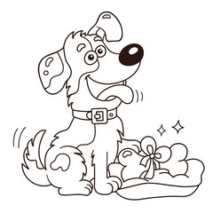 Coloring Page Outline Of cartoon dog with bone. Greeting card. Birthday. Valentine's day. Coloring book for kids.