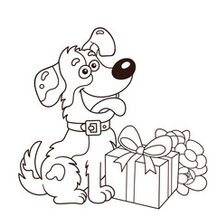Coloring Page Outline Of cartoon dog with gift and flowers. Greeting card. Birthday. Valentine's day. Coloring book for kids.