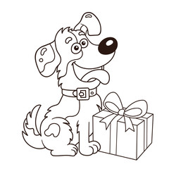 Coloring Page Outline Of cartoon dog with gift. Greeting card. Birthday. Valentine's day. Coloring book for kids.