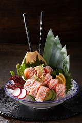 Delicious Japanese food, salmon belly sashimi platter