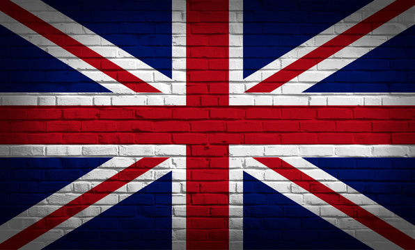 United Kingdom or Great Britain Flag layered over a white brick background