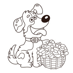 Coloring Page Outline Of cartoon dog with basket of flowers. Greeting card. Birthday. Valentine's day. Coloring book for kids.