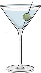 Hand drawn illustration. Cute cartoon martini glass with an olive on a toothpick floating inside.