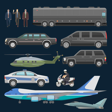 Government car vector presidential auto plane and luxury business transportation with police car illustration set of transport bus vehicle and motorcycle with president isolated on background