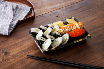 Delicious Japanese food, takeaway sushi bento