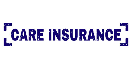 CARE INSURANCE title seal watermark with grunge texture. Text title is placed between corners. Blue vector rubber print of CARE INSURANCE with grunge texture.