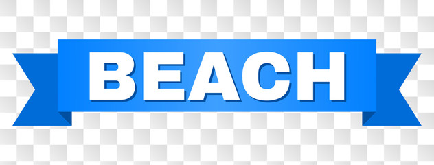BEACH text on a ribbon. Designed with white title and blue tape. Vector banner with BEACH tag on a transparent background.