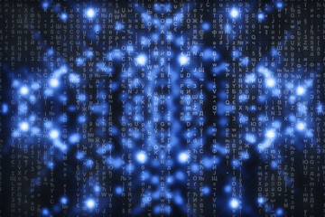 Matrix on blue digital background. Characters fall down. Stream of symbols. Shiny virtual reality with copy space. Sparkle backdrop. Complex algorithm. Falling letters and numbers. Hacking computer.