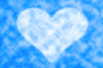 Beautiful realistic fluffy cloud in shape of heart in center of blue sky at clear day. Natural background with heart cloud with copy space. Love symbol close-up. Valentine day image in pastel tones.