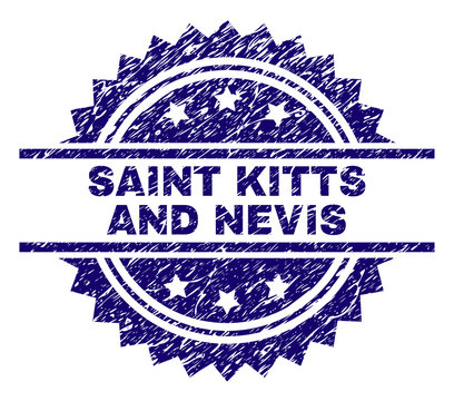 SAINT KITTS AND NEVIS stamp seal watermark with distress style. Blue vector rubber print of SAINT KITTS AND NEVIS label with corroded texture.