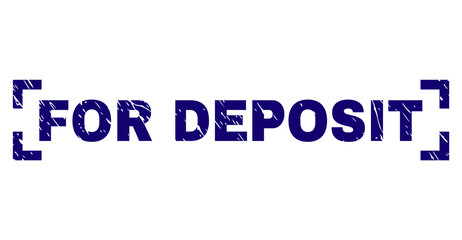 FOR DEPOSIT caption seal stamp with grunge texture. Text tag is placed inside corners. Blue vector rubber print of FOR DEPOSIT with grunge texture.