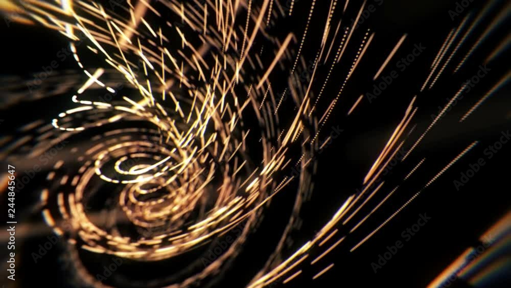 Poster abstract sci fi tunnel. gold bokeh lights. glowing corridor the camera moves forward towards. dynami