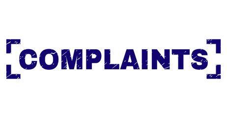 COMPLAINTS text seal imprint with corroded texture. Text title is placed inside corners. Blue vector rubber print of COMPLAINTS with dust texture.