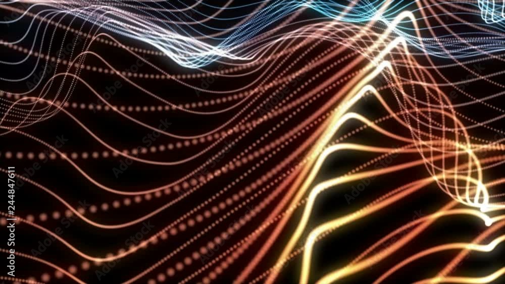 Poster 4k 60 fps. abstract loopable blue and red cg motion waving dots texture with glowing defocused parti