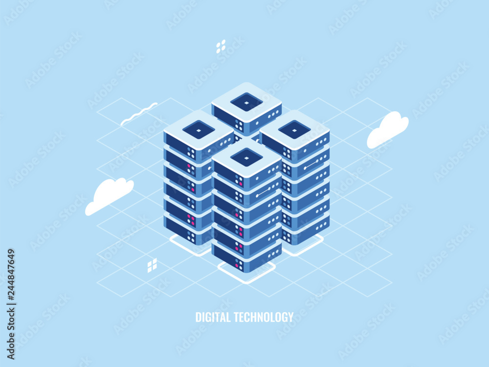 Poster isometric icon of server room rack, cloud storage technology, data center and database, data process