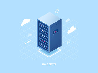 Icon of cloud storage technology, flat isometric server room rack, blockchain security concept, web hosting internet vector illustration blue