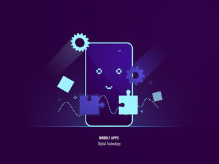 Mobile apps concept, connection puzzle, uploading smartphone software, happy mobile phone, setting program flat vector illustration dark