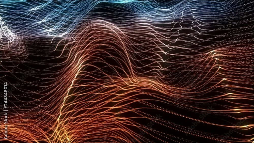 Poster 4k 60 fps. abstract loopable blue and red cg motion waving dots texture with glowing defocused parti