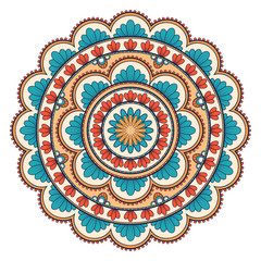Decorative colorful ethnic mandala pattern. Design element for greeting card, banner or poster in oriental style. Hand drawn illustration