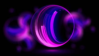 Glow neon balls. Colorful space tunnel. Glint sphere. Vivid rings. Circle frame of title place. Bright background for text. Glare abstract composition. Beautiful design of magic bubbles. 3D rendering