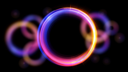 Glow neon balls. Colorful space tunnel. Glint sphere. Vivid rings. Circle frame of title place. Bright background for text. Glare abstract composition. Beautiful design of magic bubbles. 3D rendering