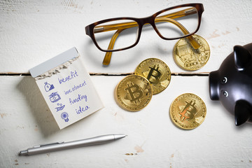 Bitcoin und Sparschwein auf Holzuntergrund