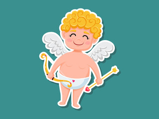Cute cupid cartoon Sticker with bow and arrow. Vector Illustration elements of a Valentine's Day. Greeting card design, posters, gift tags and labels