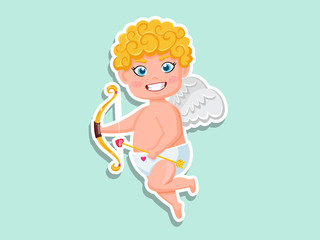 Cute cupid cartoon Sticker with bow and arrow. Vector Illustration elements of a Valentine's Day. Greeting card design, posters, gift tags and labels