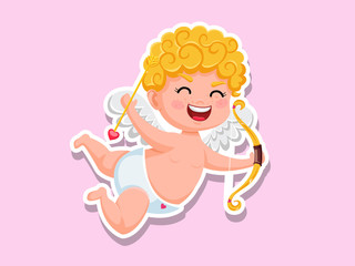 Cute cupid cartoon Sticker with bow and arrow. Vector Illustration elements of a Valentine's Day. Greeting card design, posters, gift tags and labels
