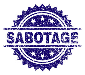 SABOTAGE stamp seal watermark with distress style. Blue vector rubber print of SABOTAGE text with unclean texture.