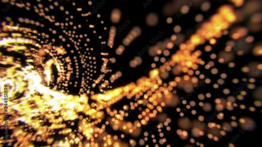 Poster abstract sci fi tunnel. gold bokeh lights. glowing corridor the camera moves forward towards. dynami