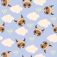 Vector image pattern bull with many clouds and rye